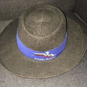 Vintage Black Pebble Beach Old Logo straw retro old logo WIDE brim golf cap hat
